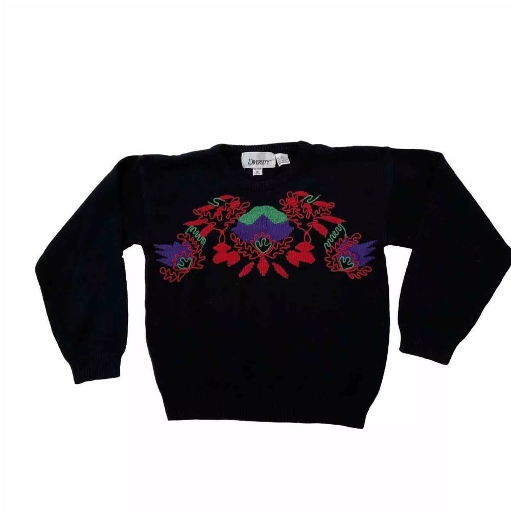 DIVERSITY Floral Vintage Sweater Women M (10-12) Black Red Purple Knit Raglan M
